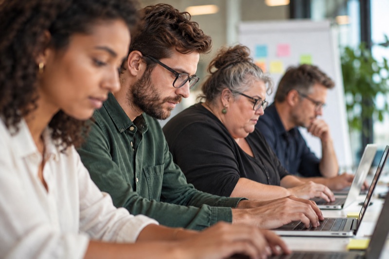 Menschen arbeiten konzentriert nebeneinander an Laptops.